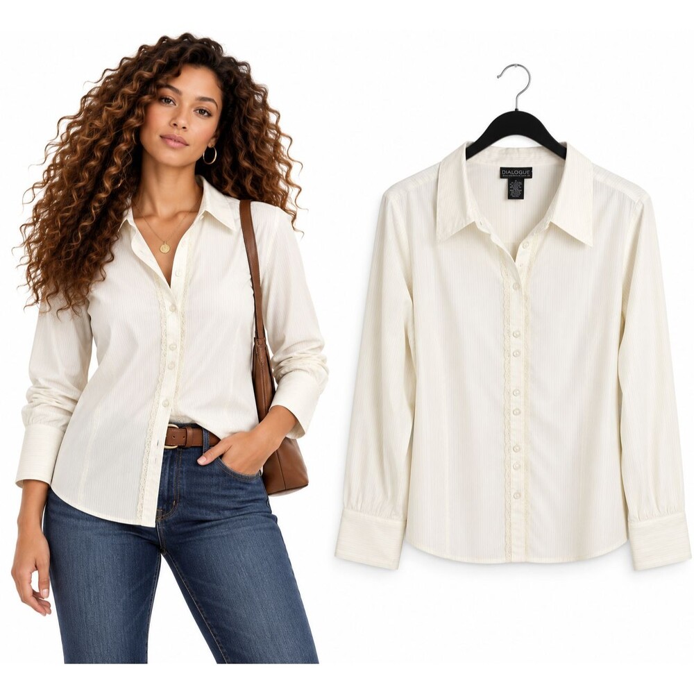 Dialogue QVC Button Front Shirt Size XL Cream Ivory Long Sleeve Lace Trim